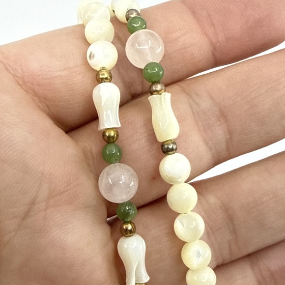 Vtg Rose Quartz & Frosted Glass Necklace Tulip Beads Marbled Barrel Clasp 30" - Picture 2 of 7